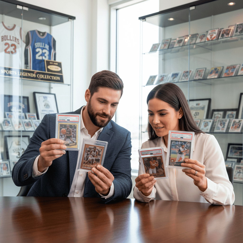 Two collectors examining and comparing graded sports card slabs together
