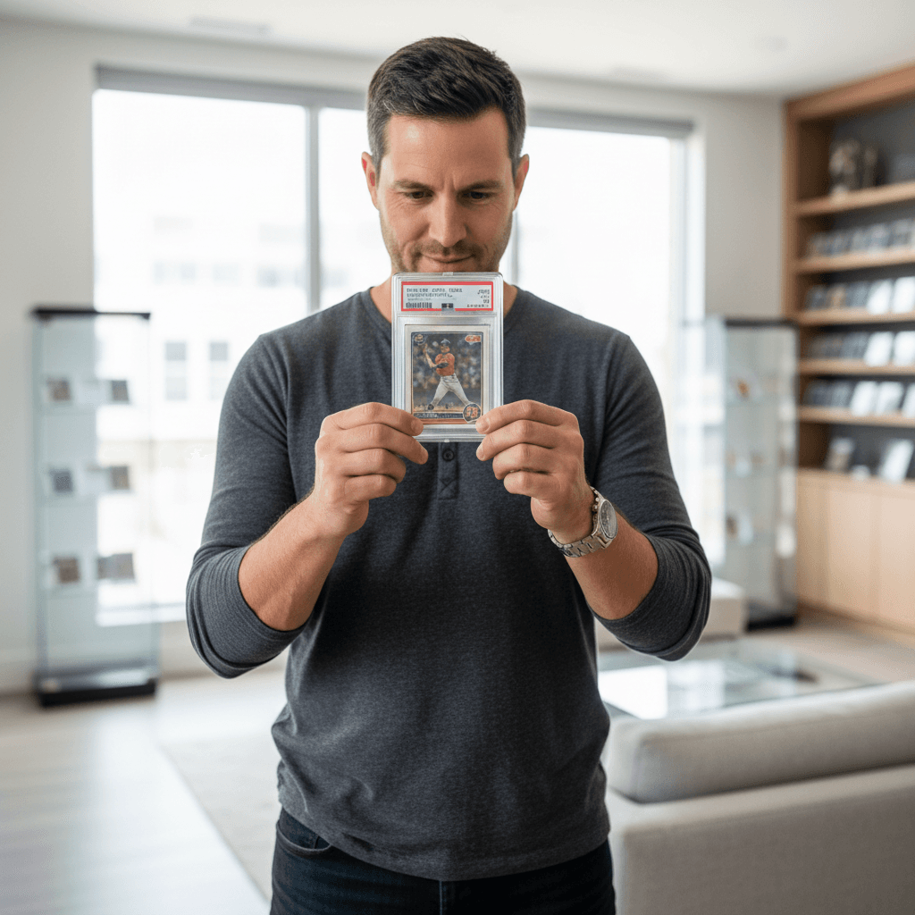 Collector examining a graded sports card slab with focused attention