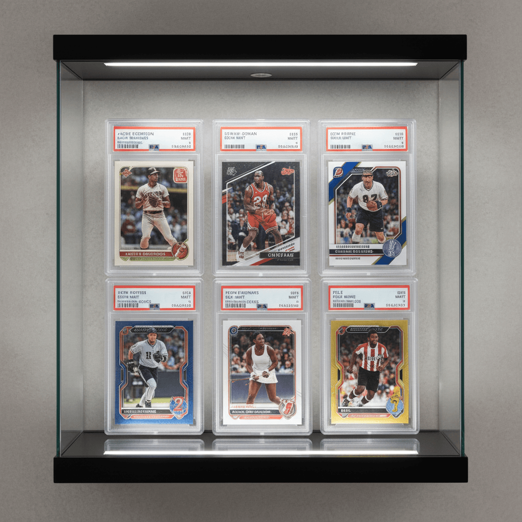 Professional display case with six graded sports cards arranged in grid