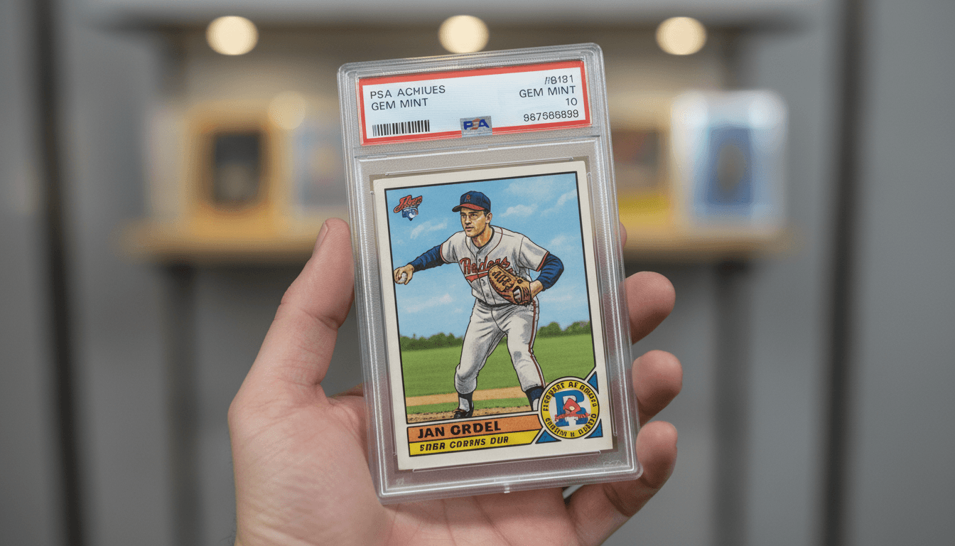 Close-up of a graded baseball card slab being examined