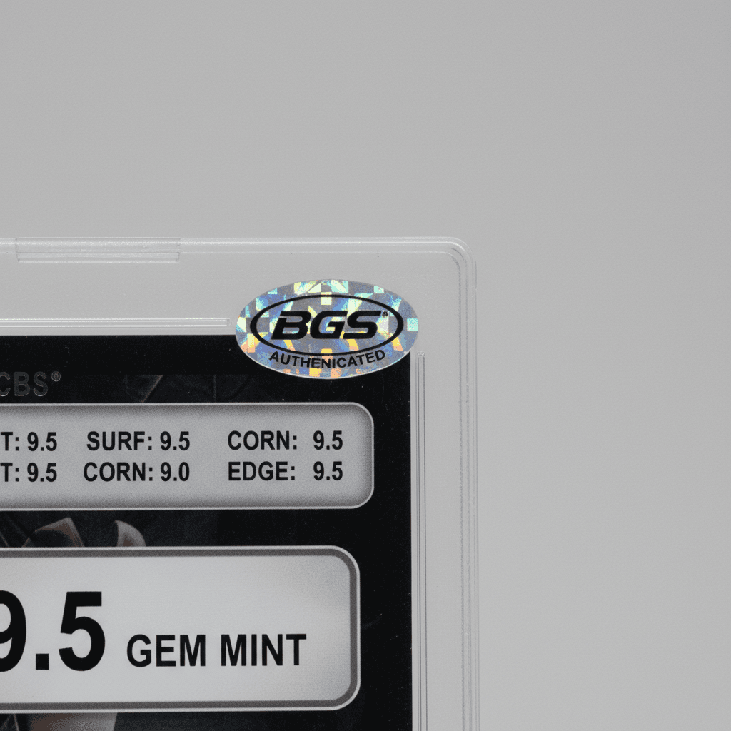 Detailed corner view of BGS graded card slab showing hologram and grade