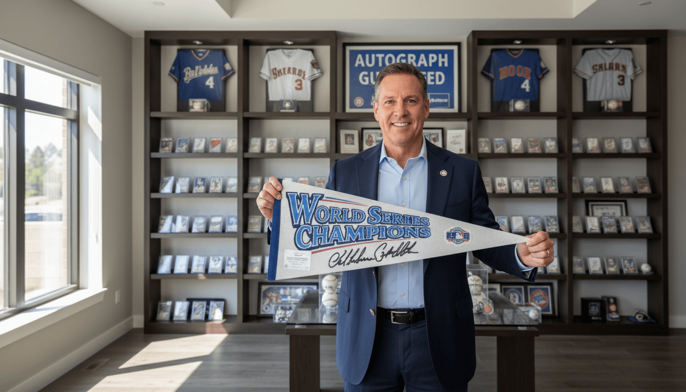 Collector holding authenticated signed pennant