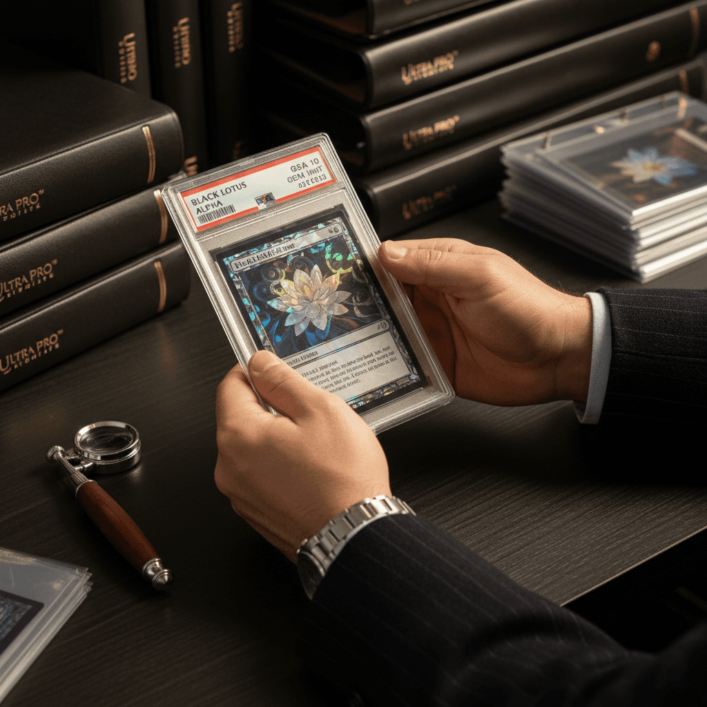 Collector examining a graded sports card