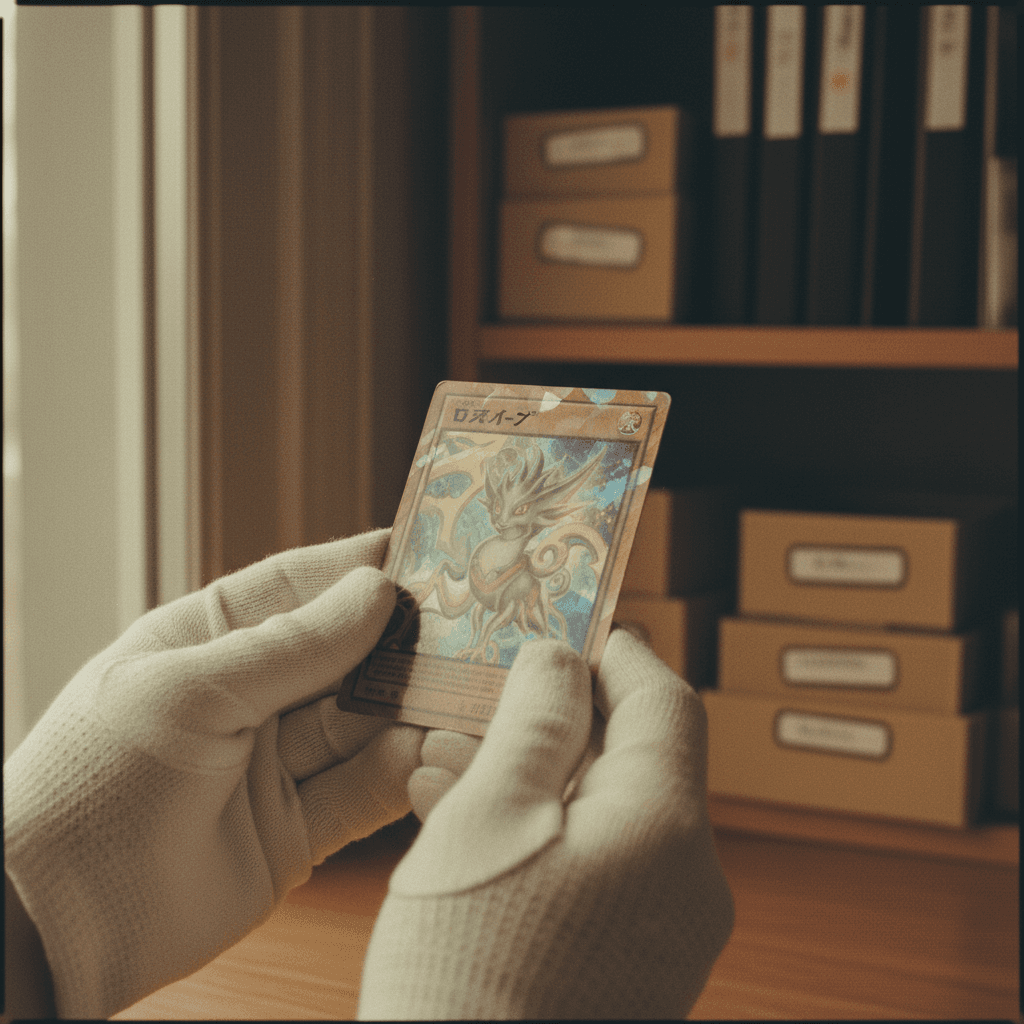 Collector's hands carefully examining a professionally graded sports card under warm lighting