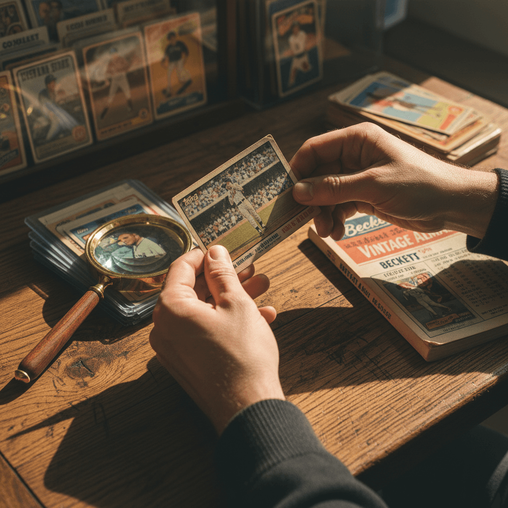 Collector's hands examining a graded sports card with clear focus on the authentication label