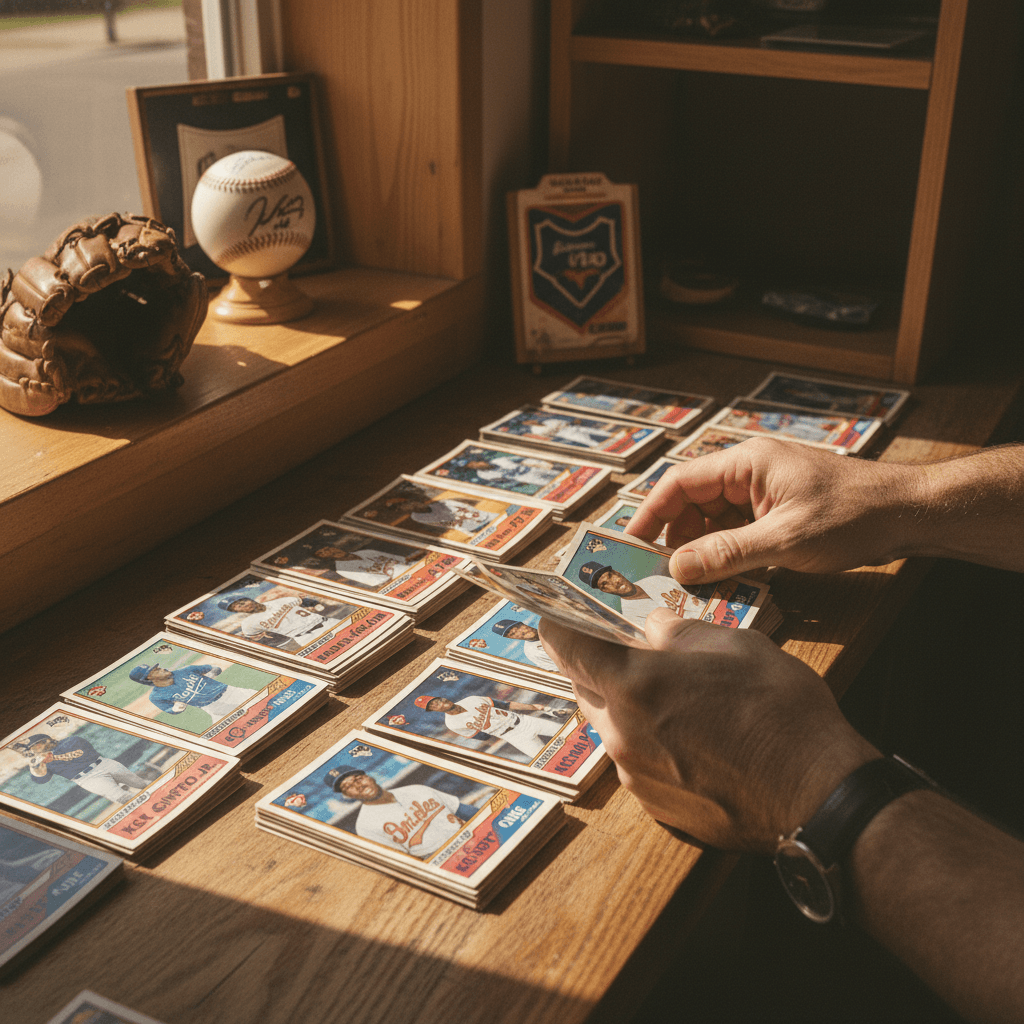 Collector examining raw sports cards with natural lighting